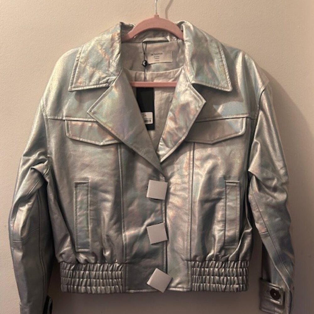 One Teaspoon REVENGE Silver Metallic Leather Elastic Lined Bomber Jacket NWT XS